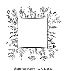 Vector frame with plants, flowers and hearts. Cartoon illustration. Greeting card. Hand-drawn style.