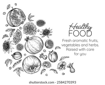 Vector frame with pomegranate  and passion fruit. Slice, piece, half of fruit in engraving style. Grocery store brochure. Fresh farm fruits. Organic farming. Nutrition banner, healthy eating