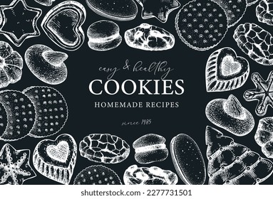 Vector frame with popular cookies sketches on a chalkboard. Bakery shop background. Italian pastry, cookies with almonds, chocolate, jam, crackers, chips hand-drawn illustrations for print design