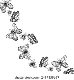 Vector frame, postcard with butterflies and bumblebee. Hand painted linear insect. Graphic clipart isolated on background. Botanical and wedding illustration. For designers, invitations, decoration, p