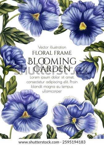 Vector frame of primroses. Invitation template with pansies in watercolor illustration style. Banner with spring blue flowers. Botanical border