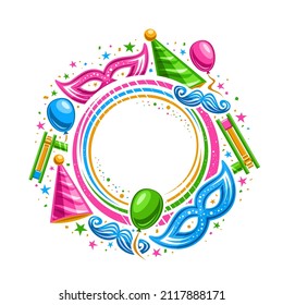 Vector Frame for Purim Carnival with copyspace for text, circle concept with illustration of variety vibrant purim symbols, decorative confetti and cartoon cone hats for kids party on white background