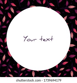 Vector frame with purple leaves on black background; frame for greeting cards, posters, banners, invitations.