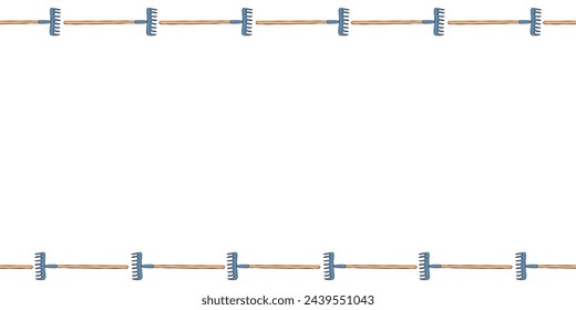 Vector frame of rakes. Garden tools, working equipment. Horizontal upper and lower edging, border, divider on topics of gardening, farming, agriculture