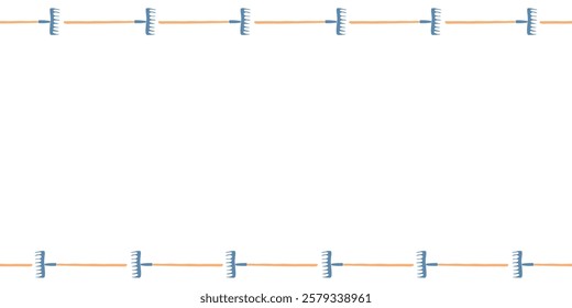 Vector frame of rakes. Garden tools, working equipment. Horizontal upper and lower edging, border, divider on topics of gardening, farming, agriculture