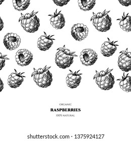 Vector frame with raspberries. Hand drawn. Vintage style