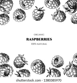 Vector frame with raspberries. Hand drawn. Vintage style