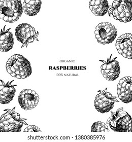 Vector frame with raspberries. Hand drawn. Vintage style