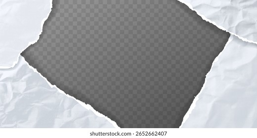 Vector frame with realistic paper pieces with torn edges and shadows on transparent background. Vintage halftone monochrome texture, wrinkled surface with soft shadows, template for banner, poster.