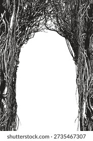 Vector frame with a realistic tree, banyan, or ficus with roots and branches in a gothic or grunge style. Space for inscription. Magical, fairytale, and mystical. Halloween party poster. No ai