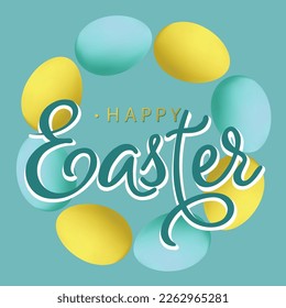 Vector frame with realistic yellow and blue Easter eggs. Lettering greeting Happy Easter. Vector illustration for social media, greeting card, gift card, voucher, invitation, flyer or banner.