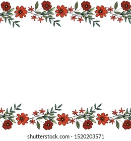 Vector frame of red flowers and green leaves. Template for postcard. Isolated object on a white background. Hand drawing style. Botanical doodling. Graphic arts.