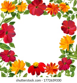 Vector frame with red flowers and leaves on white background for advertising, wedding,quotes, Birthday, invitation and greeting cards, print, blogs.