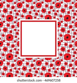Vector frame with red poppies on borders and white blank space in the center. Poppy flower background. Template for postcard design. Vector illustration in eps8 format.