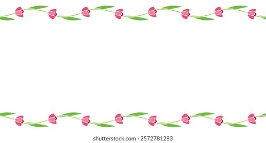 Vector frame from red tulips. Spring flowers in flat style. Horizontal top and bottom edging, border, decoration for greeting card, invitation, Valentines, Womens or Mother day