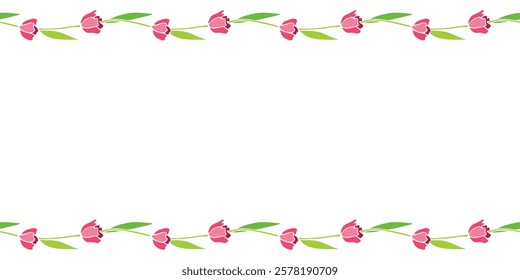 Vector frame from red tulips. Spring flowers in flat style. Horizontal top and bottom edging, border, decoration for greeting card, invitation, Valentines, Womens or Mother day