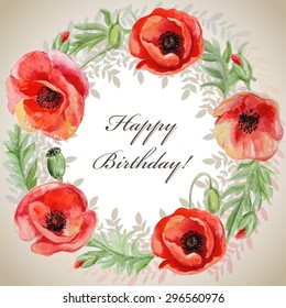 Vector frame with red watercolor poppy flowers. Greeting card