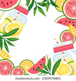 Vector frame of a refreshing watermelon and lemonade drink garnished with fresh leaves. A watermelon and lemonade drink with leaves around it