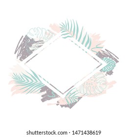 Vector frame rhombus in abstract design with spots of paint and tropical monstera leaves and dypsis in a pastel palette.