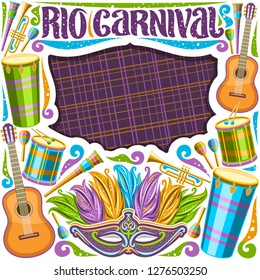 Vector frame for Rio Carnival with copy space, illustration of colorful fancy venetian mask, drums with drumsticks, layout for carnaval in Rio de Janeiro, lettering for words rio carnival on purple.