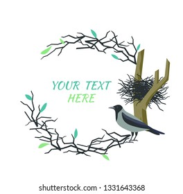 Vector frame with rook bird, nest and branches
