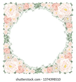 Vector frame of rose flowers. Beige roses, green leaves. Elements for wedding design. All elements are isolated. Frame on white background.