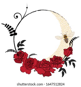marco vectorial con rosas, peine de miel y abeja en colores rojo, dorado y negro