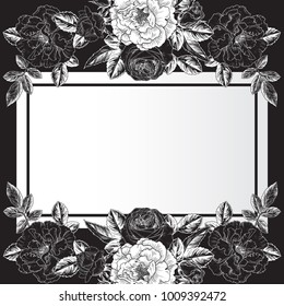Vector frame with roses on a black background.Vintage style.