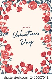 Vektorrahmen mit Rosen. Valentinstag Konzept Poster in flachem Stil. Liebesbanner oder Grußkarte mit Blumen