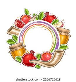 Vektorrahmen für Rosh Hashanah mit Kopienraum für Gratulationstext, dekorative Markierung mit Illustration von Granatrasenscheibe, Honigglas, roter Apfel und rosa Hashanah auf weißem Hintergrund