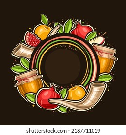 Vektorrahmen für Rosh Hashanah mit Kopienraum für Gratulationstext, dekoratives Zeichen mit Illustration von Granatapfel, Honigglas, frischer Apfel mit Blatt, rosafarbene Hashanah auf dunklem Hintergrund