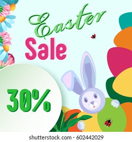 Vector frame for sale for the holiday of Easter. From flowers and eggs. In the corner a rabbit appears