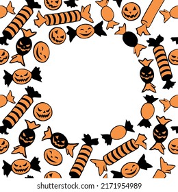 Vector frame of scattered candies in different wrappers in style of Halloween. Long striped lollipops and sweet wrappers with scary faces. Festive border, flat-style decoration