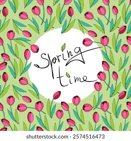 Vector frame of scattered red bright tulips. Springtime - lettering in border of flowers. Decoration for greeting card, holidays