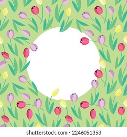 Vector frame of scattered red, pink, yellow, bright tulips. Spring flowers. Decoration, border for greeting card, holidays, Valentine's, Women's or Mother day