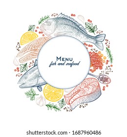 Vector frame with seafood and fish dishes. Hand drawn color sketch of fish steak, tuna, caviar. Vintage background. Template of menu design.