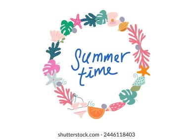 Vector frame with seafood icons, vector shells, corals, summer frame with sea ​​creatures
