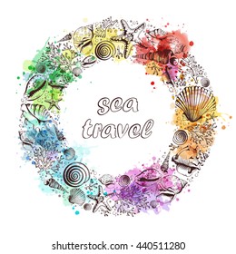 Vector frame with seashells, corals and starfishes. Illustration in sketch style with watercolor spots. Travel Template. Perfect for greetings, invitations, wedding and web design.