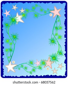 Vector frame from seaweed, pearls and sea stars