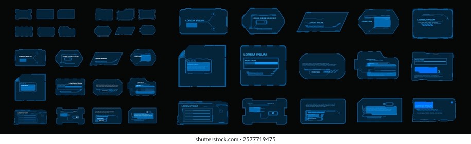 Vector frame set blue neon frames and holographic panels for personal HUD graphical interface. Collections HUD elements. Futuristic GUI UI framework set. Boxes with information. Modern elements set