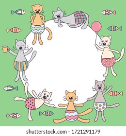 Vector frame with set of funny cats with fish on a green background