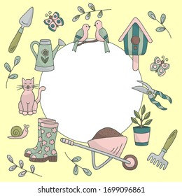 Vector frame with a set of garden tools on a yellow background, hand-drawn doodles