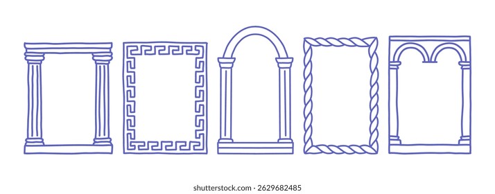 Vector frame set with Mediterranean motifs: columns, arches, Greek key, and rope borders. Hand-drawn look, perfect for summer design, packaging, invitations, branding, and travel projects