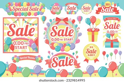 Vector frame set of pop and colorful balloons and balloons for event headlines and decorations.