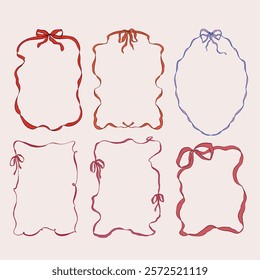 Vector frame set of red and violet bows. Hand-drawn gift bow isolated on white background. Holiday illustration for design, print, fabric or background.