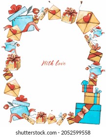 Vector frame. A set of various gifts, boxes, envelopes, bundles and ribbon bows. Pastel shades, vintage style. Holiday cards, patterns.