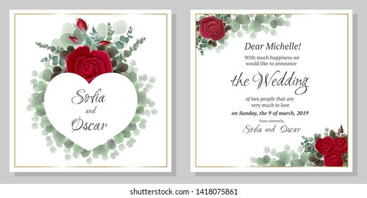 Vector frame in the shape of a heart of green leaves. Red rose, green plants, rose buds.  All elements are isolated. Wedding invitation template.