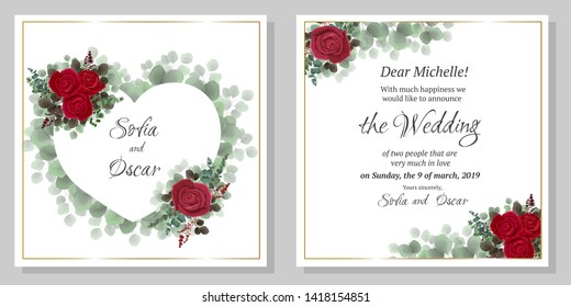 Vector Frame In The Shape Of A Heart Of Green Leaves. Red Rose, Green Plants, Rose Buds.  All Elements Are Isolated. Wedding Invitation Template.