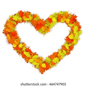 Vector frame in the shape of heart made of autumn leaves 