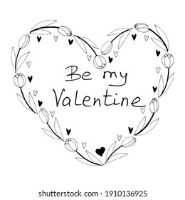 Vector frame in the shape of a heart from outline tulips. Hand drawn doodle isolated. Background, border, title for holiday decoration, valentines